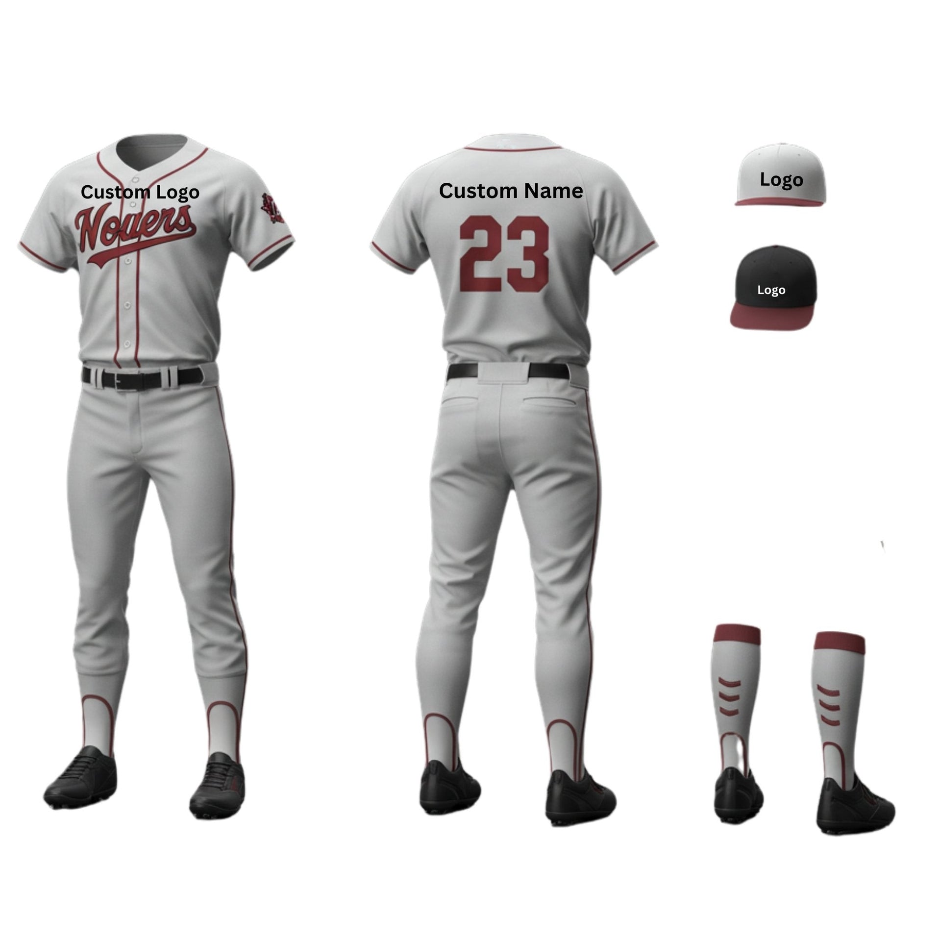 Custom-designed baseball uniforms for adult and youth teams, featuring vibrant colors, moisture-wicking fabric, and embroidered logos. Players in action on a field, showcasing breathable jerseys and durable pants tailored for high-performance gameplay.