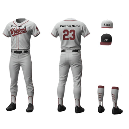 Custom-designed baseball uniforms for adult and youth teams, featuring vibrant colors, moisture-wicking fabric, and embroidered logos. Players in action on a field, showcasing breathable jerseys and durable pants tailored for high-performance gameplay.