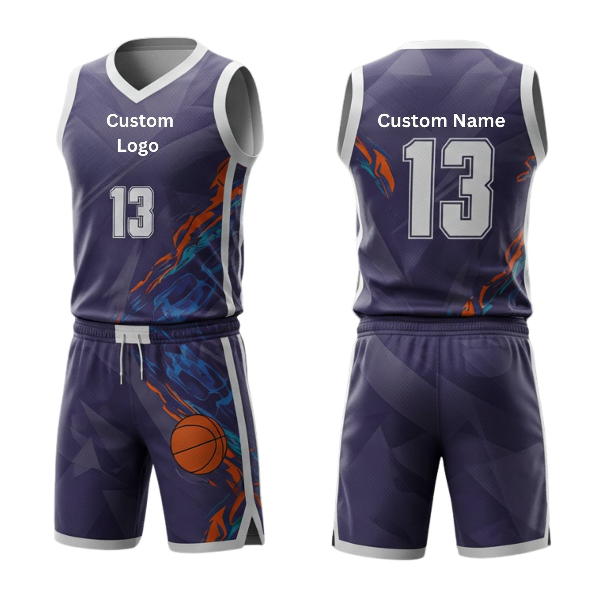 Youth and adult custom basketball uniforms with dynamic team colors, moisture-wicking fabric, and embroidered logos. Action shot of players mid-game wearing breathable jerseys and flexible shorts designed for high-intensity performance.
