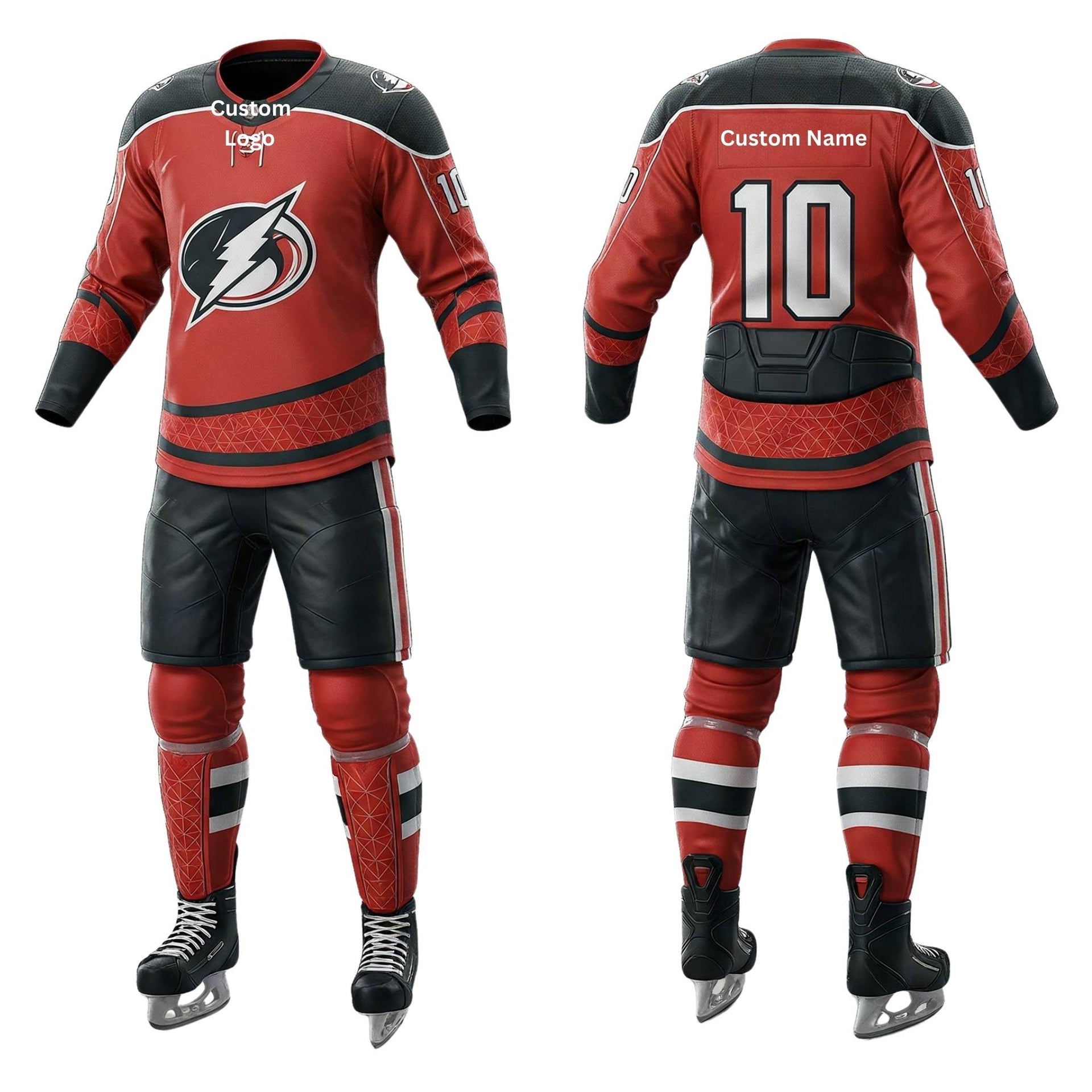 A professional ice hockey uniform with reinforced shoulders, moisture-wicking fabric, and custom team logo embroidery, displayed on a mannequin. Designed for durability, mobility, and team identity, ideal for leagues and brands.