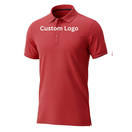 A tailored polo shirt with breathable fabric, reinforced collar, and embroidered logo detail, modeled in a versatile sporty-professional setting. Designed for teams, brands, or casual wear with customizable colors and logos.