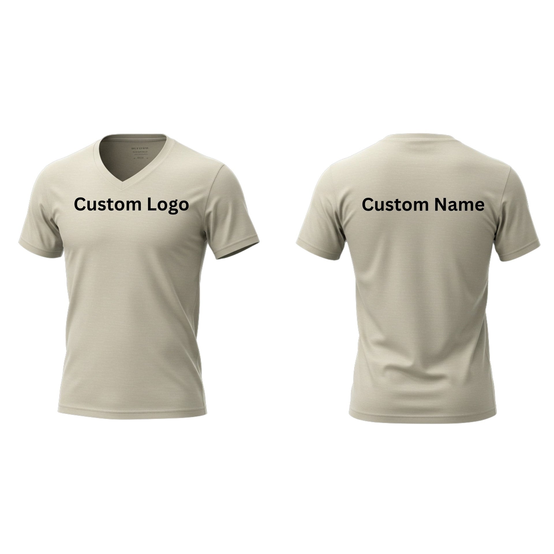 Beige custom V-neck T-shirt displayed from front and back. The front has 'Custom Logo' printed on the left chest, and the back features 'Custom Name' text in black.
