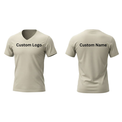 Beige custom V-neck T-shirt displayed from front and back. The front has 'Custom Logo' printed on the left chest, and the back features 'Custom Name' text in black.
