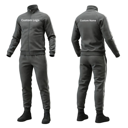 A high-performance track suit with moisture-wicking fabric, elastic cuffs, and a sleek athletic fit, modeled in a dynamic outdoor setting. Designed for teams, athletes, or brands seeking customizable, durable sportswear for training or casual wear.