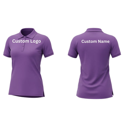A woman wearing a tailored, breathable polo shirt with a contoured fit and moisture-wicking fabric, standing confidently in a sporty setting. Ideal for teams, brands, or casual wear with custom logo options.